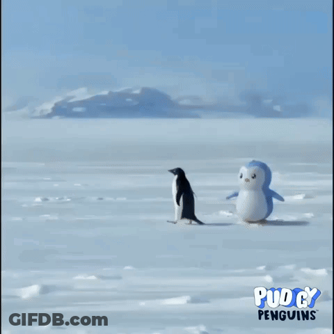 Two Penguins Are Walking In The Snow With Pucky Penguins In The Background GIF