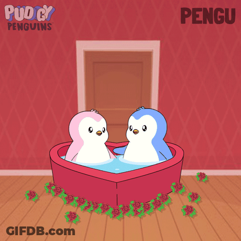 Two Penguins Bathing In Heart-Shaped Tub With Word Pengu GIF