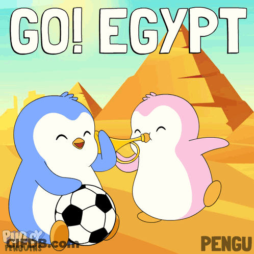 Two Penguins Blowing Horns In Front Of A Pyramid With The Text Go Egypt GIF
