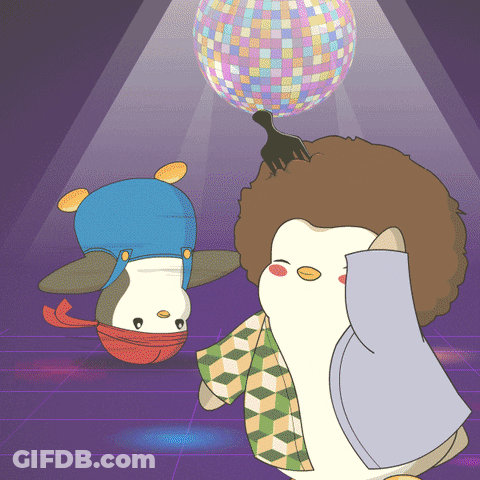 Two Penguins Dancing In Front Of Disco Ball GIF