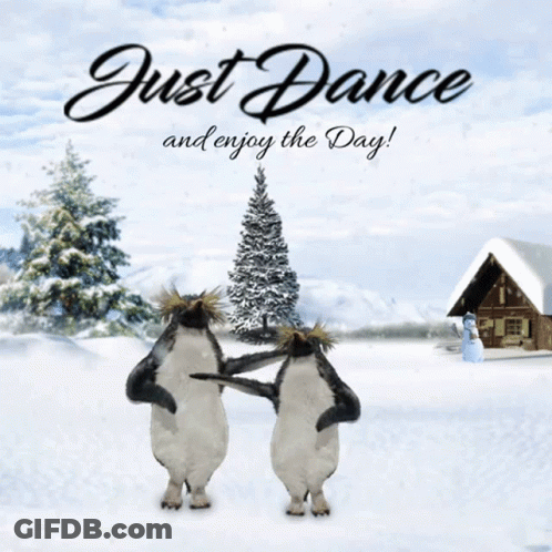 Two Penguins Dancing In Snow Saying Just Dance GIF