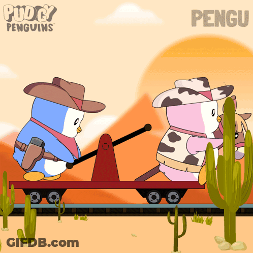 Two Penguins Dressed As Cowboys With Word Pengu GIF