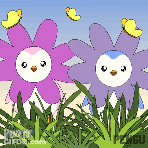 Two Penguins Dressed As Flowers With Butterflies On Heads GIF