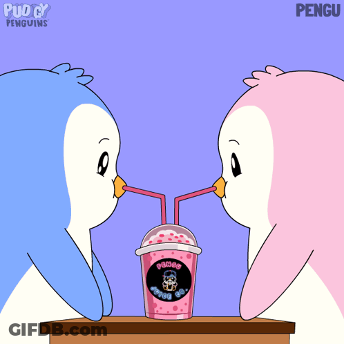 Two Penguins Drinking Cup Saying Puddy Penguins GIF