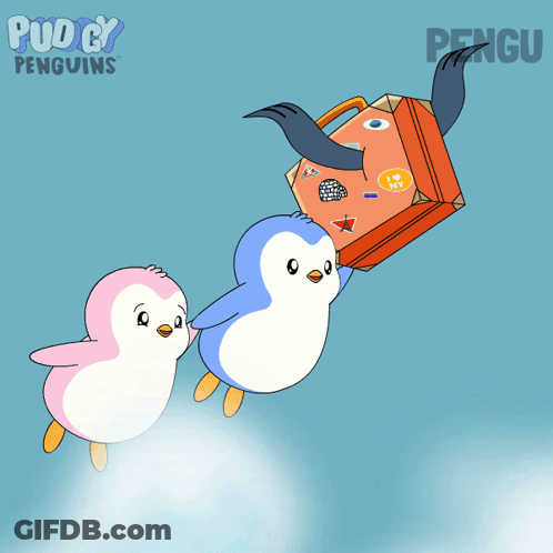 Two Penguins Flying With Briefcase Saying Penguin GIF