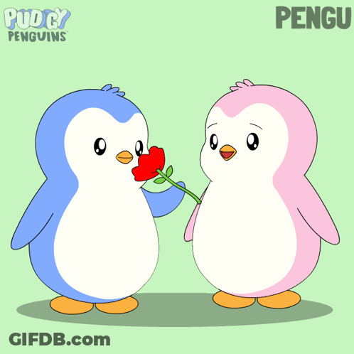 Two Penguins Giving Red Flower With Text Pengu GIF