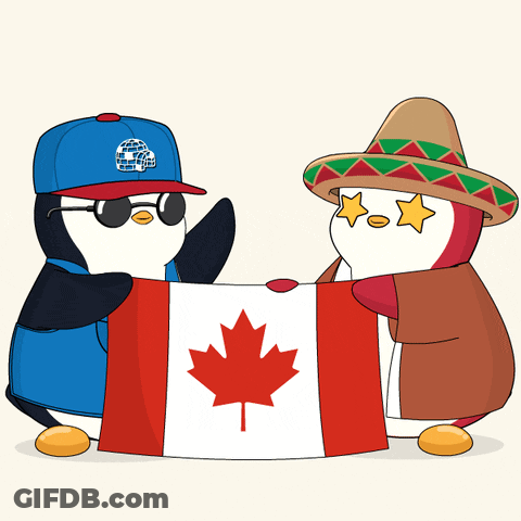 Two Penguins Holding A Canadian Flag And One Wearing A Sombrero GIF