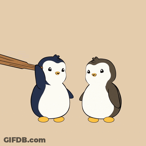 Two Penguins Holding A Wooden Bat With The Word Bonk Below Them GIF