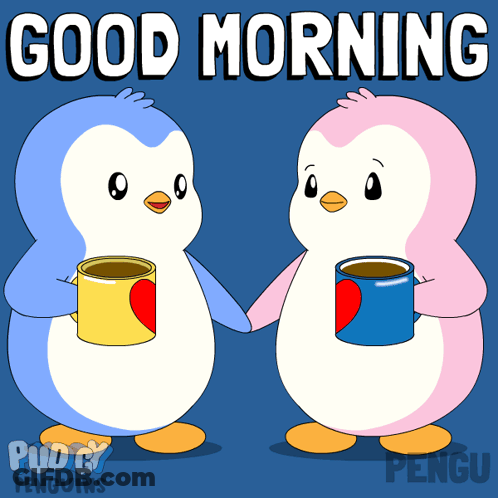 Two Penguins Holding Coffee Saying Good Morning GIF
