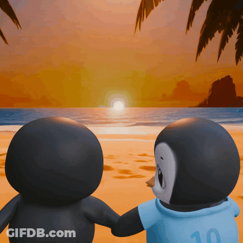 Two Penguins Holding Hands On A Beach With One Wearing A Shirt With The Number 10 On It GIF