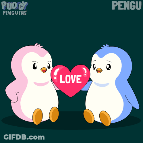 Two Penguins Holding Heart Saying Love GIF