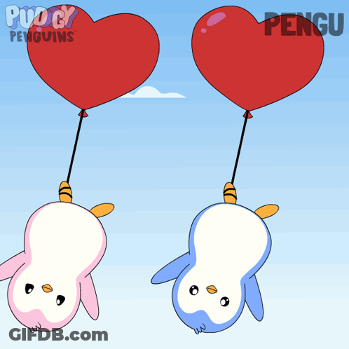 Two Penguins Holding Heart Shaped Balloons With The Word Pengu On The Bottom Right GIF