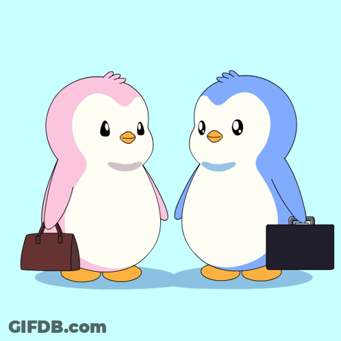 Two Penguins Holding Hearts With Word Pengu GIF