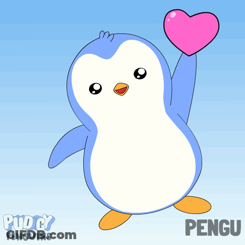 Two Penguins Holding Hearts With Word Pengu GIF