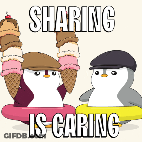 Two Penguins Holding Ice Cream Cones With The Words Sharing Is Caring Written Below Them GIF