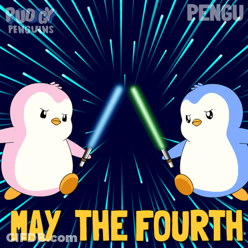 Two Penguins Holding Lightsabers May The Fourth GIF
