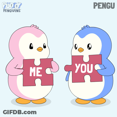 Two Penguins Holding Puzzle Pieces Saying Me And You GIF