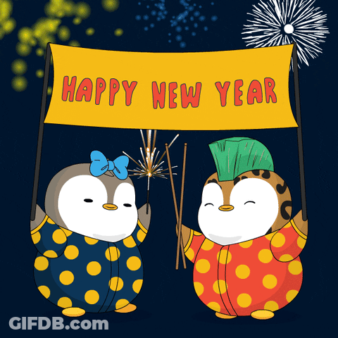 Two Penguins Holding Sparklers Under Happy New Year Banner GIF