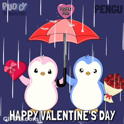 Two Penguins Holding Umbrella With Heart Saying I Love You GIF