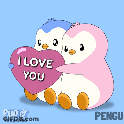 Two Penguins Hugging Each Other While Holding A Heart That Says I Love You GIF