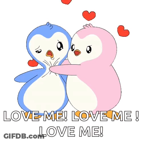 Two Penguins Hugging Each Other With The Words Love Me Love Me Love Me On The Bottom GIF