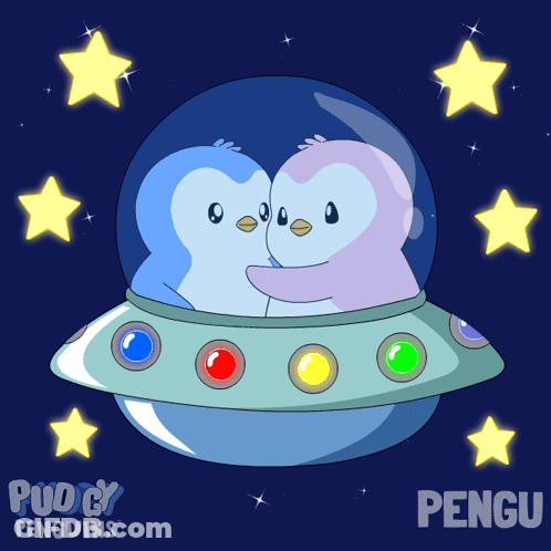 Two Penguins Hugging In Flying Saucer Named Pengu GIF