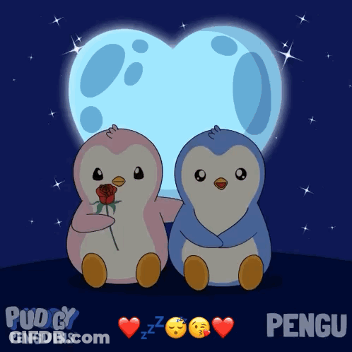 Two Penguins Hugging In Front Of Heart Moon With Word Pengu GIF