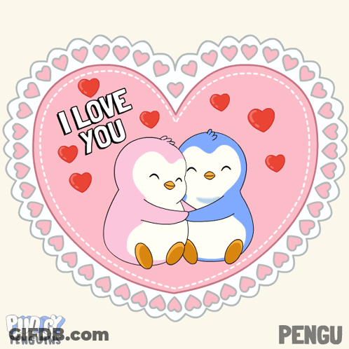 Two Penguins Hugging In Heart Saying I Love You GIF