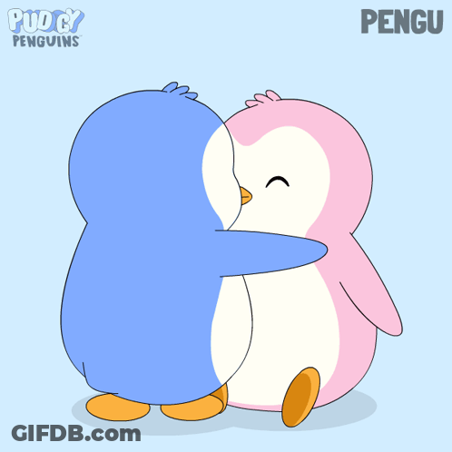 Two Penguins Hugging Puddy Penguins GIF