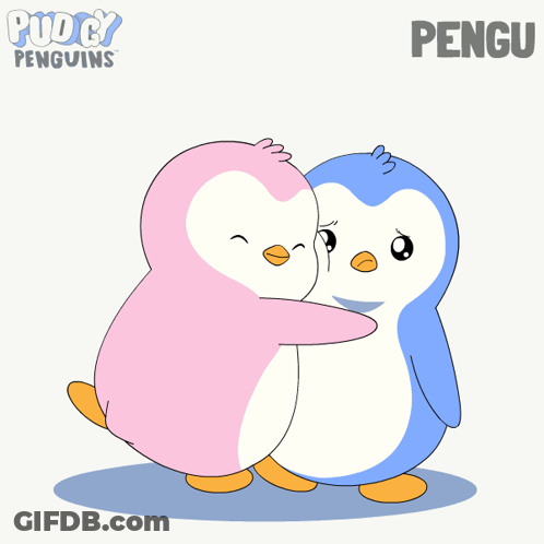 Two Penguins Hugging With Hearts And Word Pengu GIF