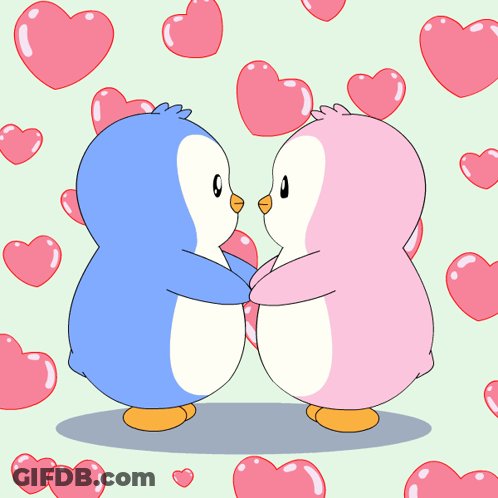 Two Penguins Hugging With Hearts GIF