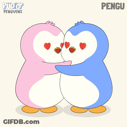 Two Penguins Hugging With Hearts In Eyes Pengu GIF