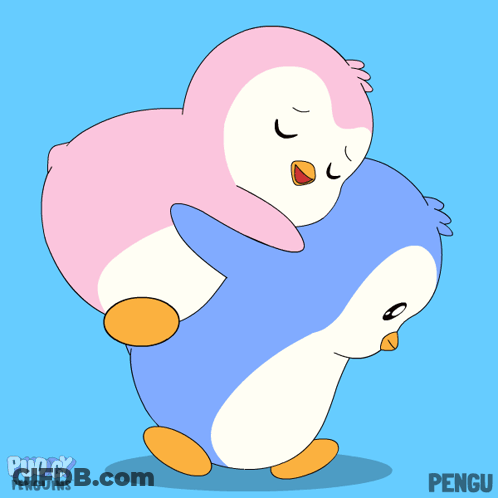 Two Penguins Hugging With Puddy Penguins GIF