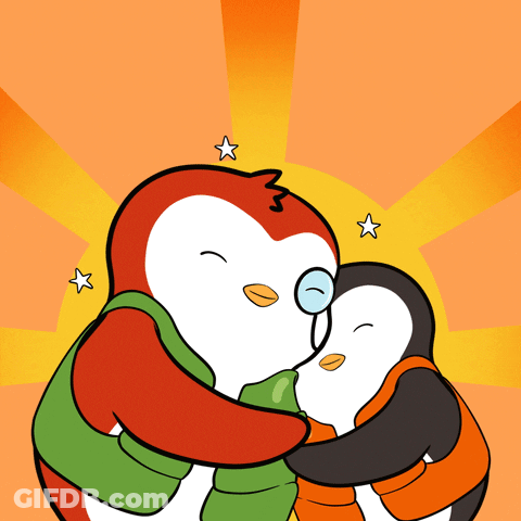 Two Penguins Hugging With Sun Behind GIF