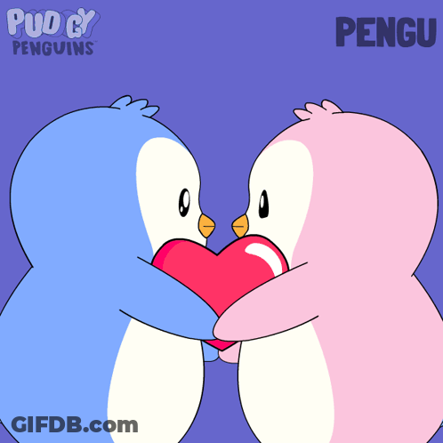 Two Penguins Hugging With Word Pengu GIF