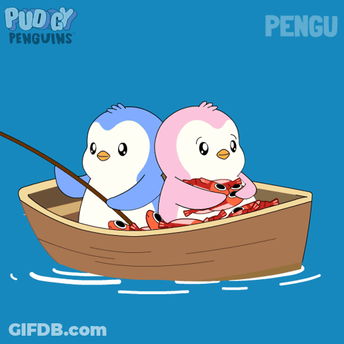 Two Penguins In A Boat Saying Pudgy Penguins GIF