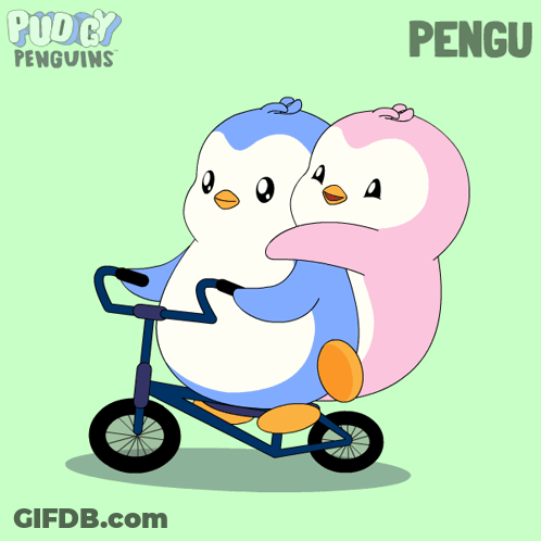 Two Penguins In A Boat Saying Pudgy Penguins GIF