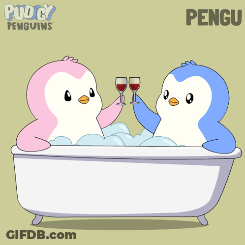 Two Penguins In Bathtub Toasting With Wine Glasses Pengu GIF