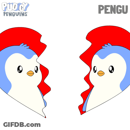 Two Penguins In Broken Heart With Word Pengu GIF