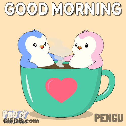 Two Penguins In Coffee Cup Good Morning GIF