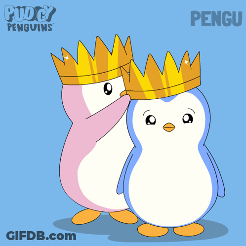 Two Penguins In Crowns With Pengu Text GIF