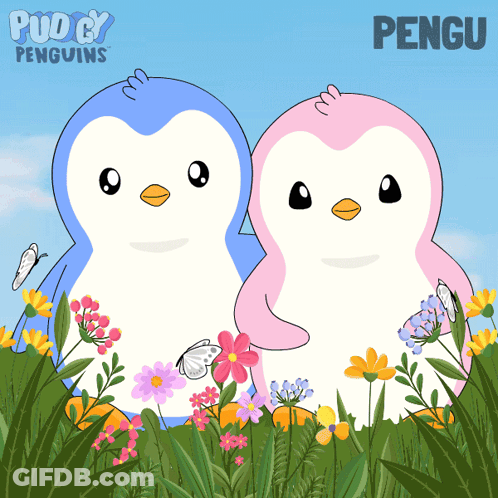 Two Penguins In Flowers With Pengu GIF