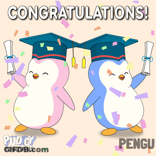 Two Penguins In Graduation Caps With Diplomas GIF