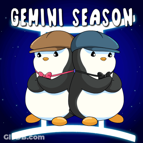 Two Penguins In Hats And Bow Ties Under Gemini Season GIF