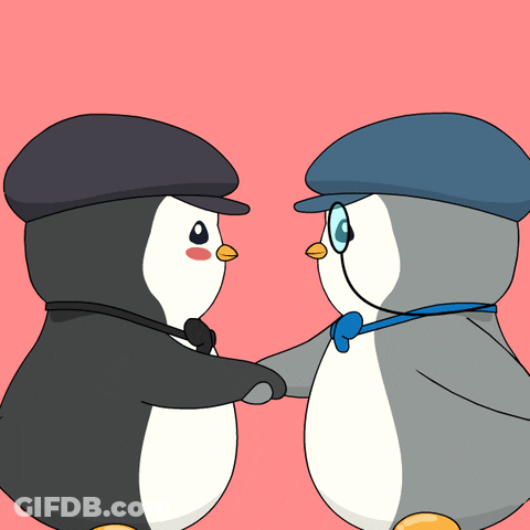 Two Penguins In Hats Shaking Hands GIF