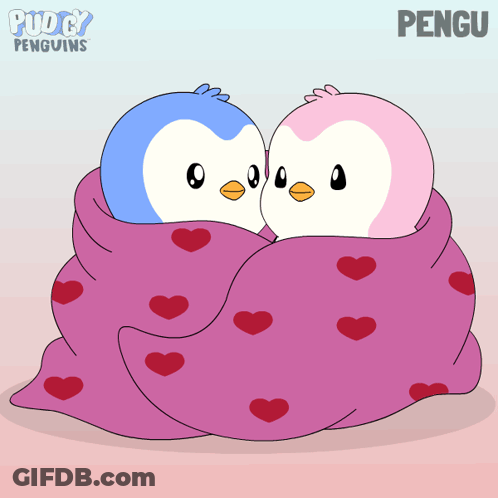 Two Penguins In Pink Blanket With Hearts And Pengu GIF