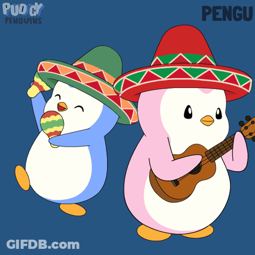 Two Penguins In Sombreros With Maracas And Guitar GIF
