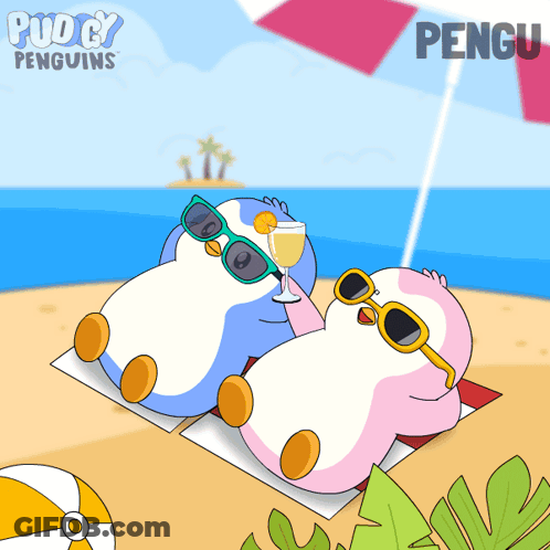 Two Penguins In Sunglasses On Beach With Penguin Text GIF