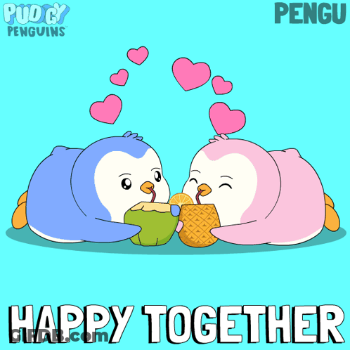 Two Penguins Kissing Holding Pineapples Happy Together GIF