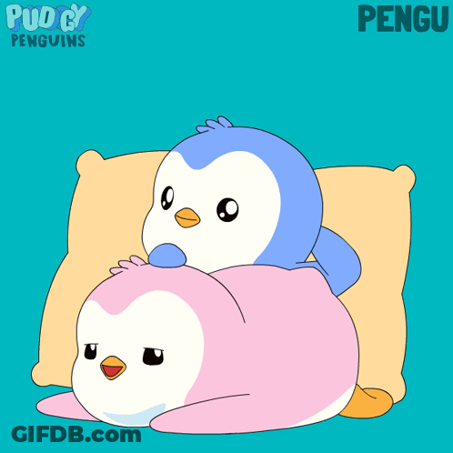 Two Penguins Laying On A Pillow With Word Pengu GIF